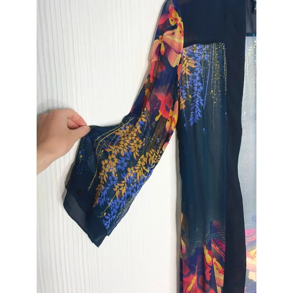 CITRON Black Sheer Silk Kimono Floral Butterflies US MEDIUM - Picture 11 of 15